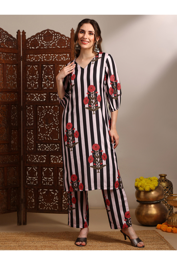 Women Black Floral Stripes Straight Kurta and Pant Set
