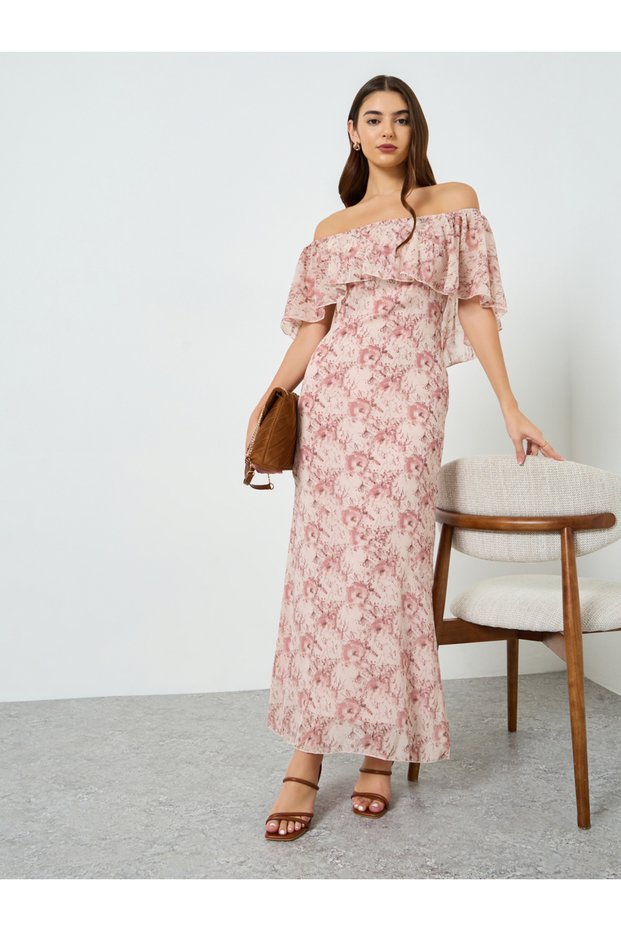 Women Beige Floral Cape Sleeve Sheath Maxi Dress