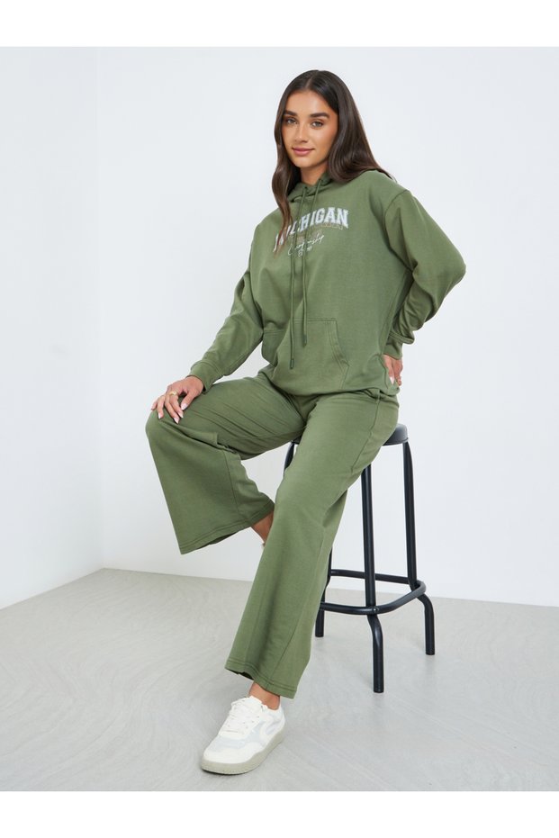 Women Olive Hoodie and Wide Leg Pants Co-Ords