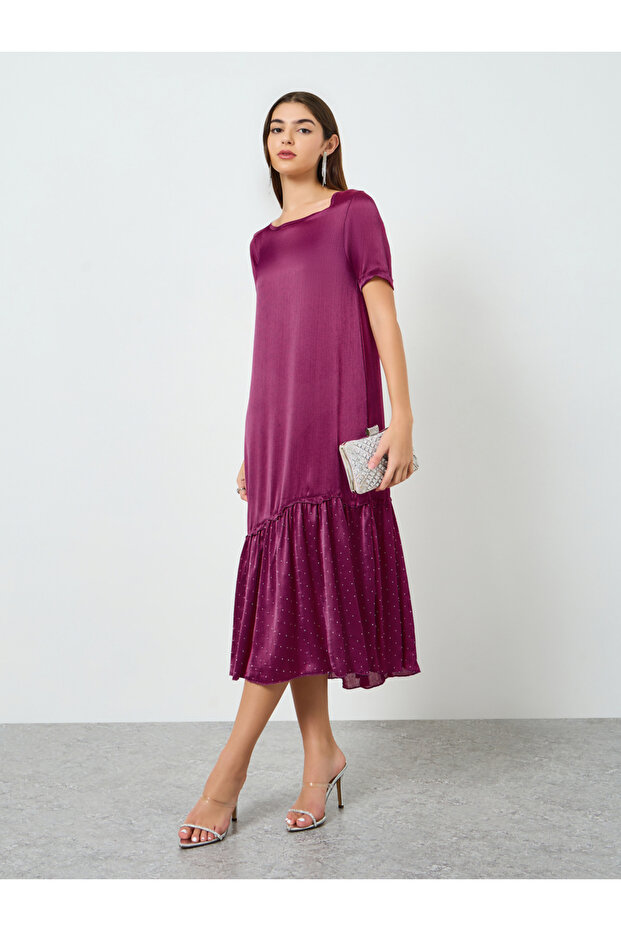Women Magenta Ruffled Hem Midi Dress