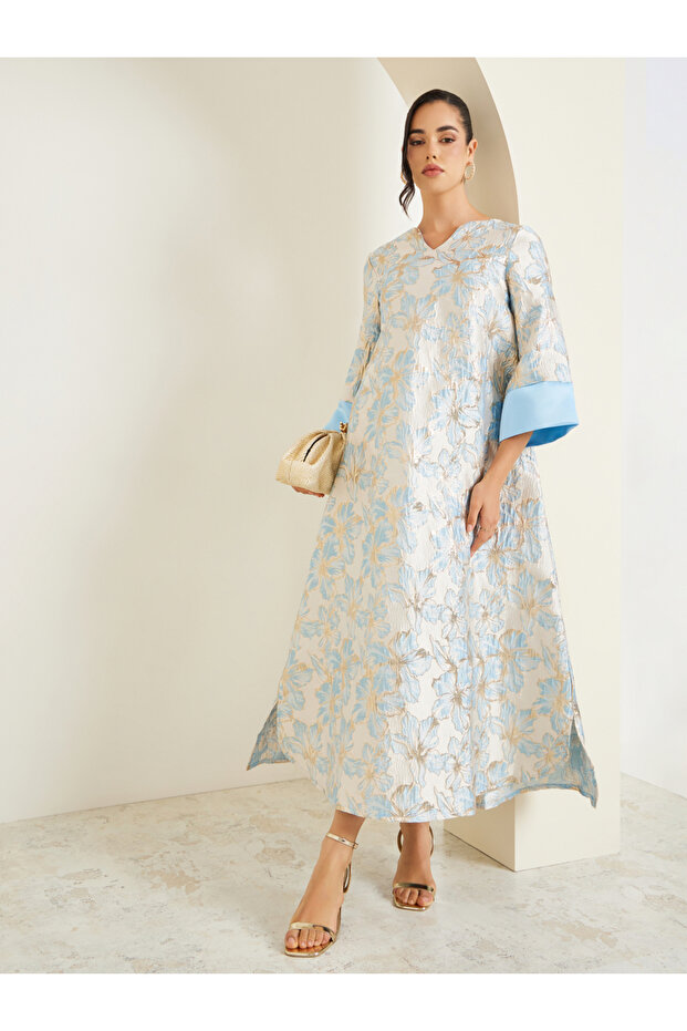 Women Blue Floral Jacquard A-Line Jalabiya