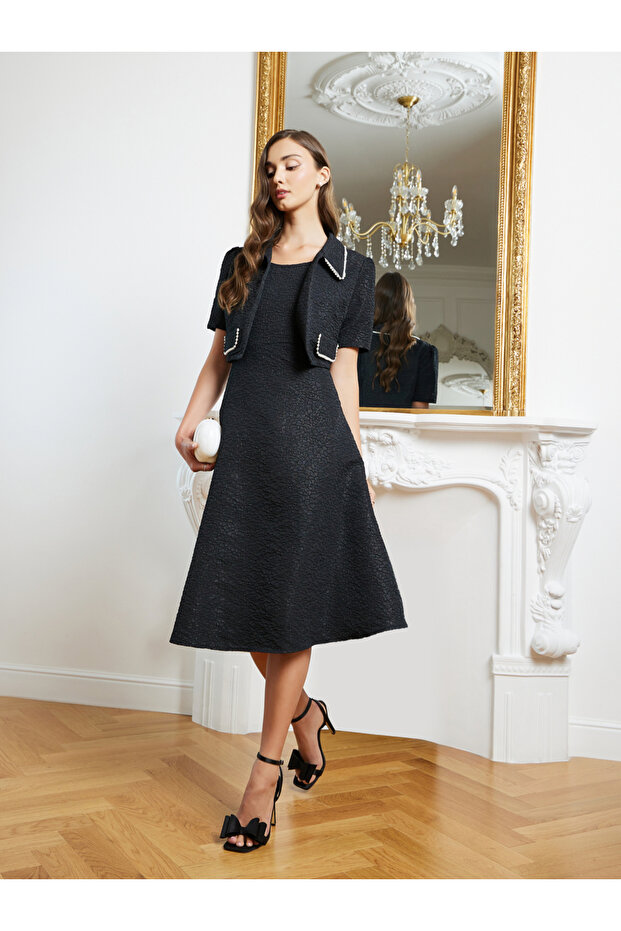 Women Jacquard Midi Dress and Embellished Jacket Set