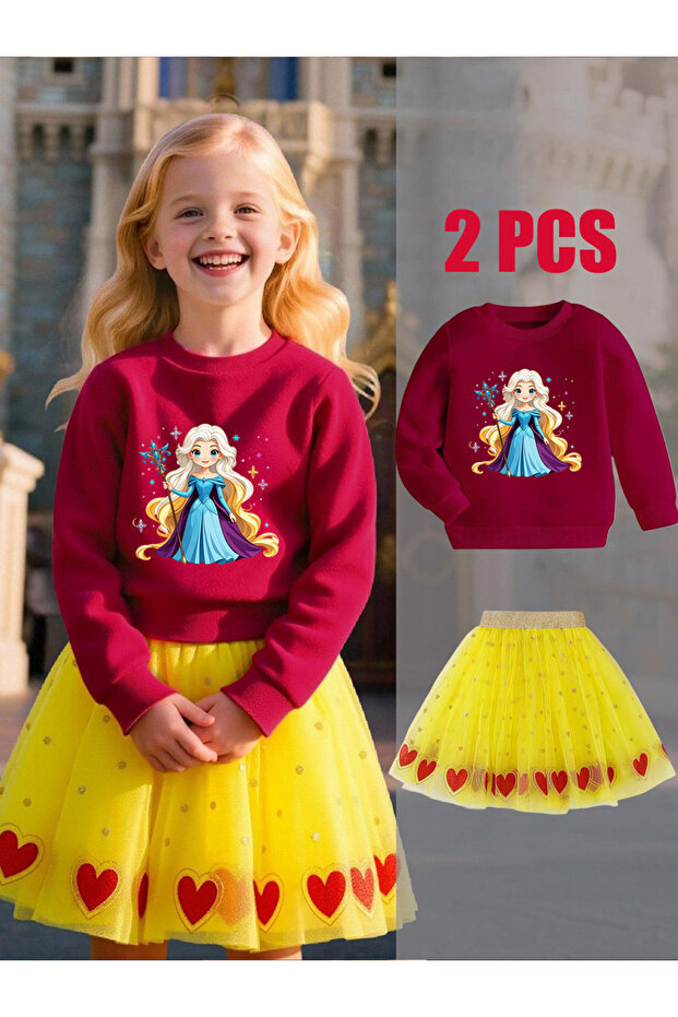 Girls Princess Graphic Printed Sweatshirt with Mesh Skirt Set