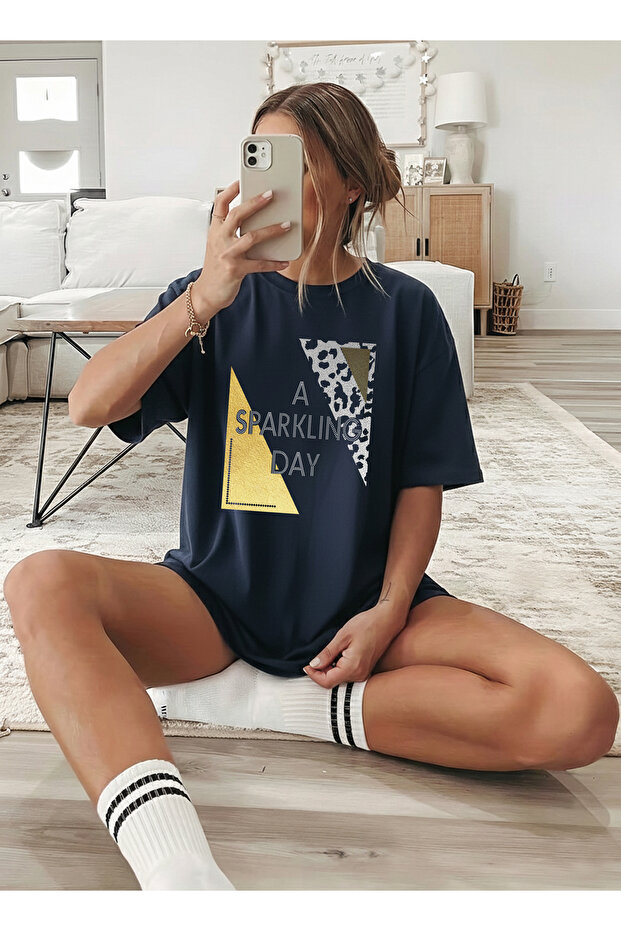 Women's Leopard and Gold Printed Crew Neck Navy Blue T-Shirt