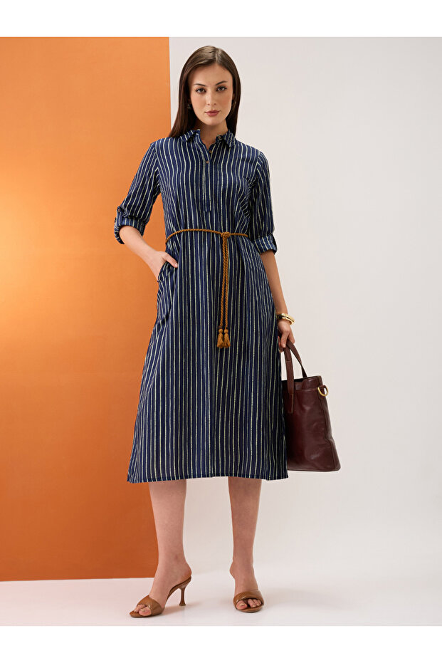 Women Roll-Up Sleeves Drawstring Waist Midi Dress