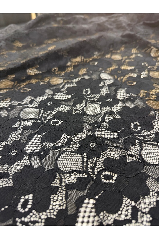Stretch Fabric Lace Fabric 145 cm Wide, Black Floral Pattern Stretchy and Transparent Lace, Evening Dress, Dress