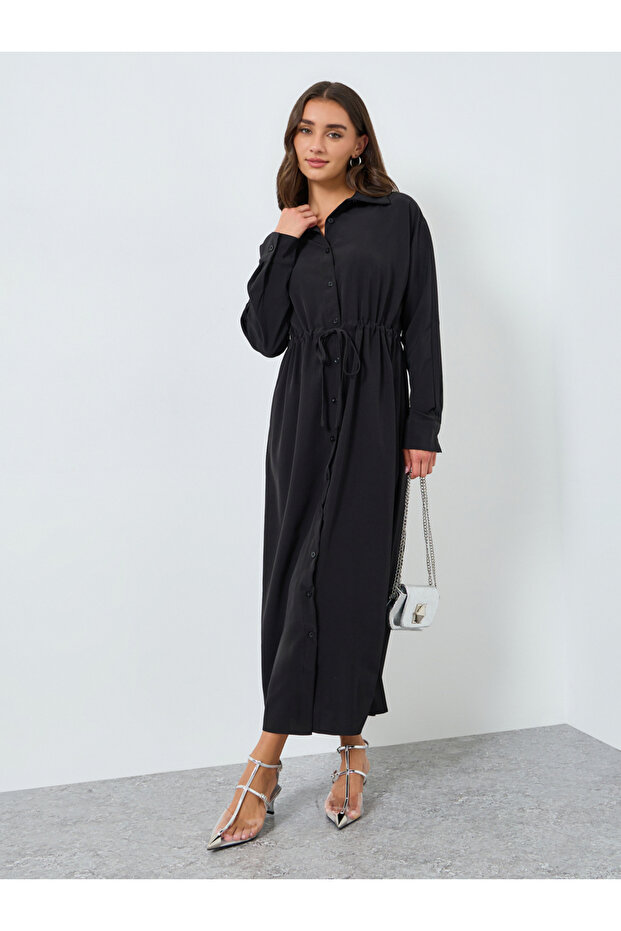 Women Black Shirt Maxi Dress with Waist Drawstring