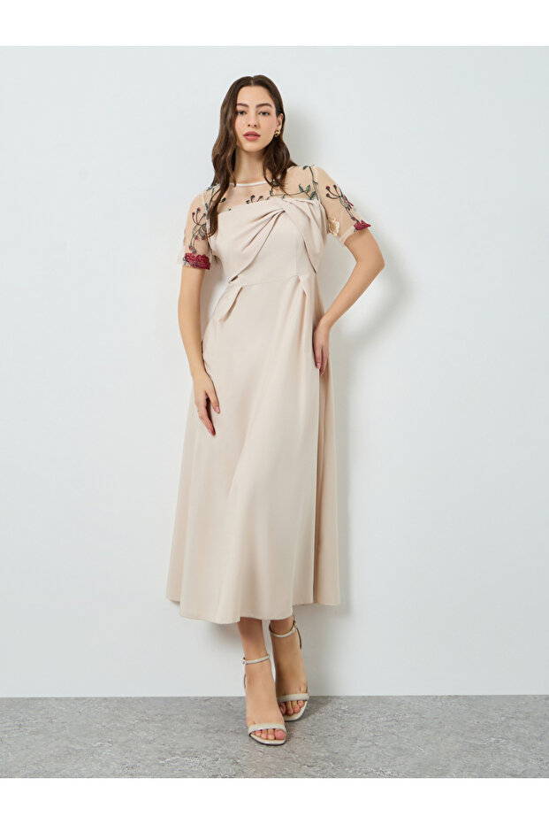 Women Beige Floral Embroidered Contrast Mesh Midi Dress