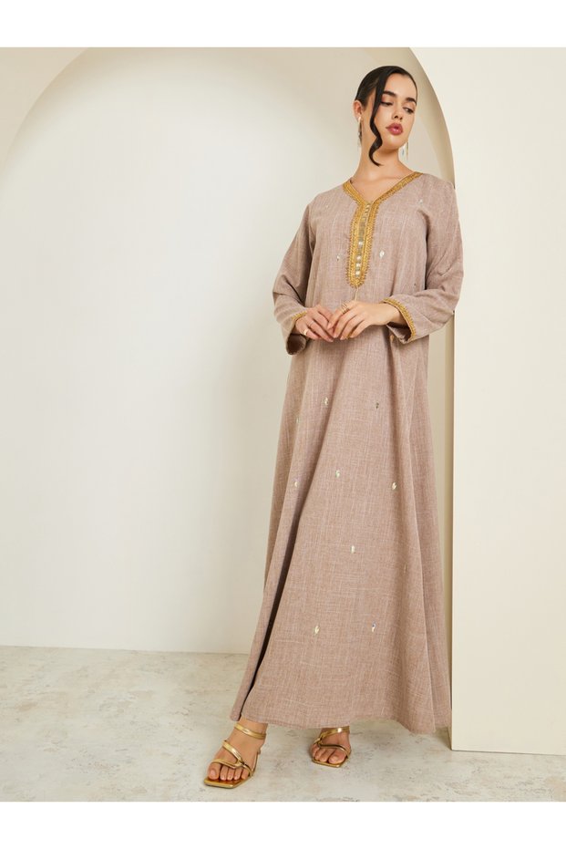 Women Beige Linen Jalabiya with Gold Embroidery