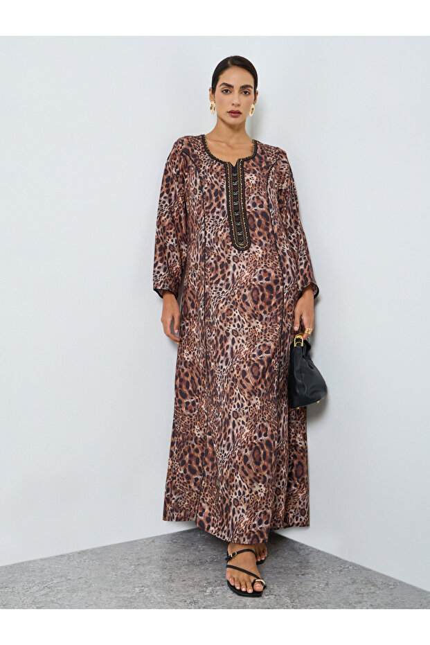Women Leopard Print Embroidered A-Line Jalabiya