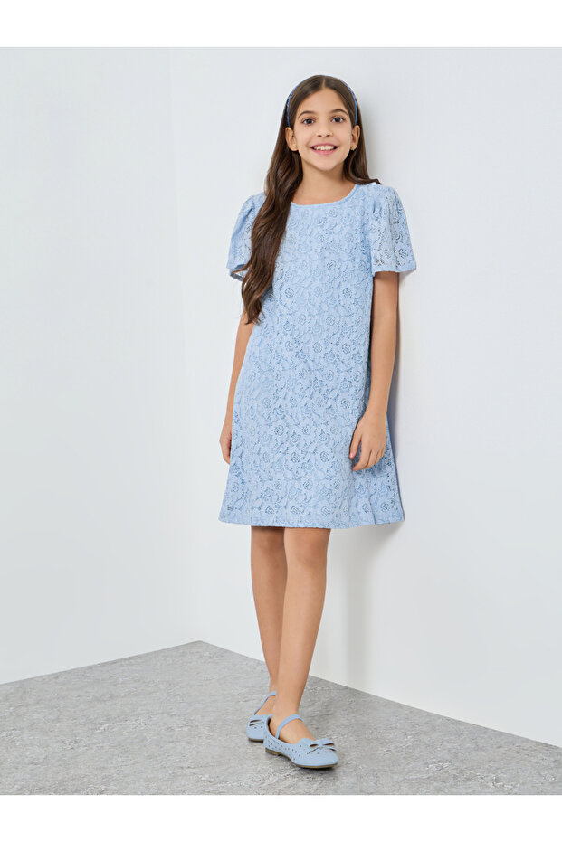 Girls Light Blue Lace Short Sleeve Dress