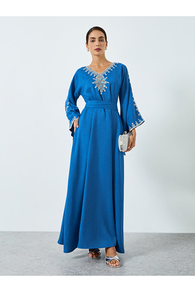 Women Blue Embellished Belted Jalabiya