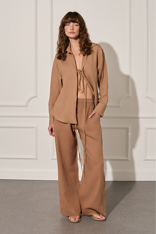 %100 Keten Bol Paça Pantolon - 1