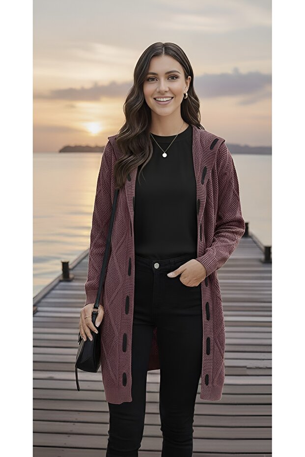 Women's Cinnamon Jacket Cardigan Long Sleeve Embossed Pattern Hooded Stripe Paneled