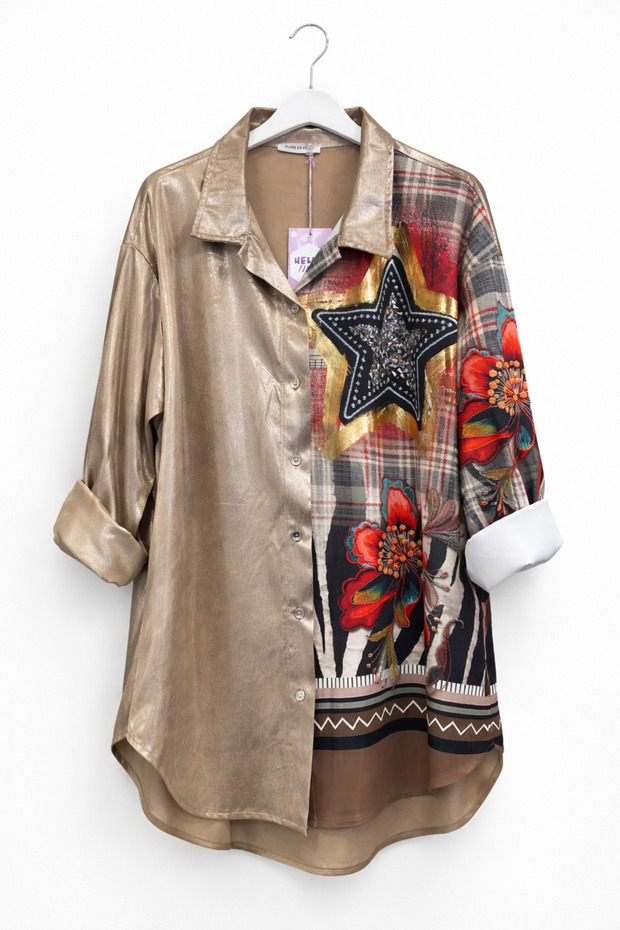 Gold Patterned Oversized Shirt-Brown