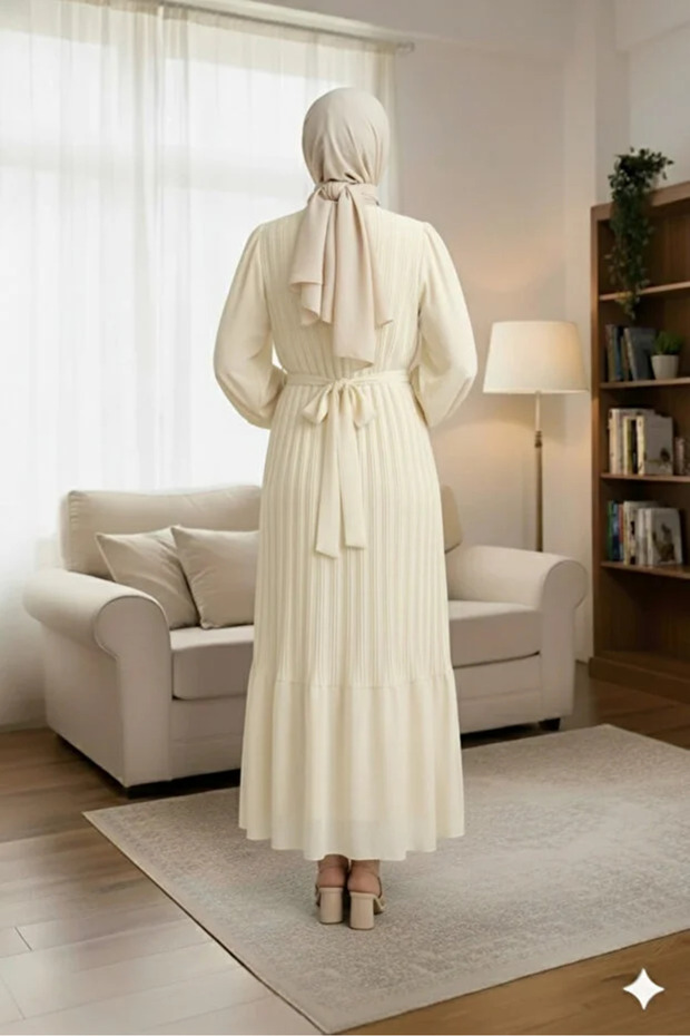 Piliseli şifon elbise Krem - 3