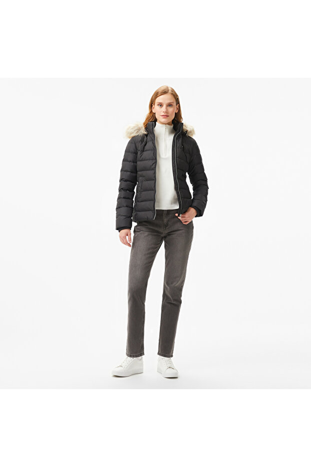 Jeans Basıc Hooded Down Kadın Siyah Ceket - 3