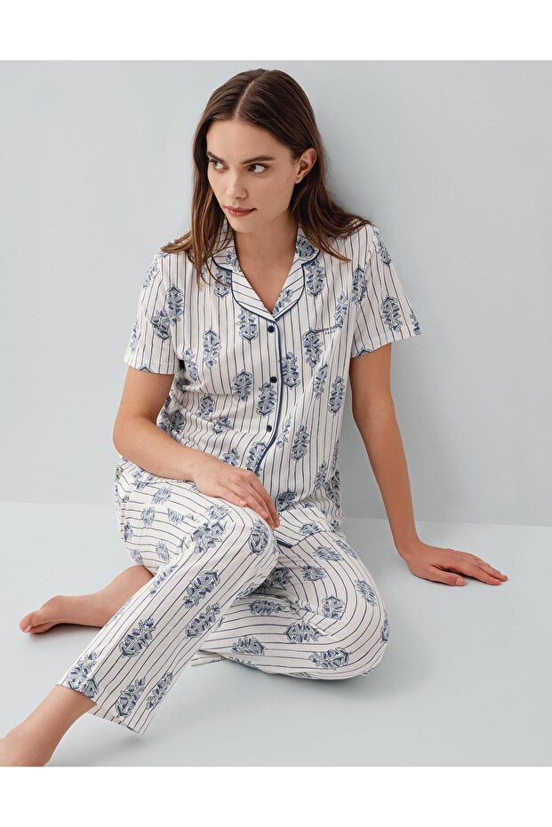 Women's Buttoned Short Sleeve Boxed Pajama Set 50% Cotton 50% Modal – Full Fit, Bottom Pocket