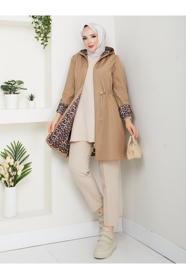 Leopard Print Inside Detail K Hooded Elastic Waist Trench Coat Mde905010