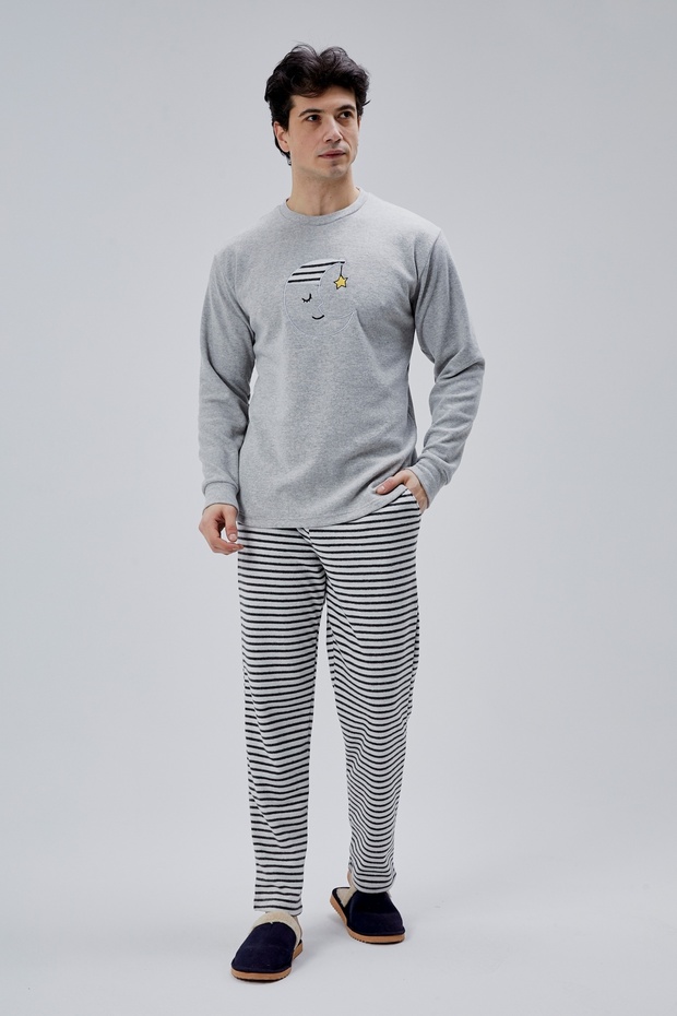 Mooncover Men's Ay Dede Embroidered Pocketed New Year's Pajama Set – Lover's Combination, Gray