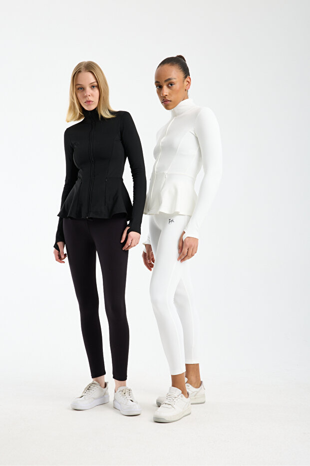 Women's Zippered Sports Jacket – Stretchy Fabric, Pockets, Peplum Model