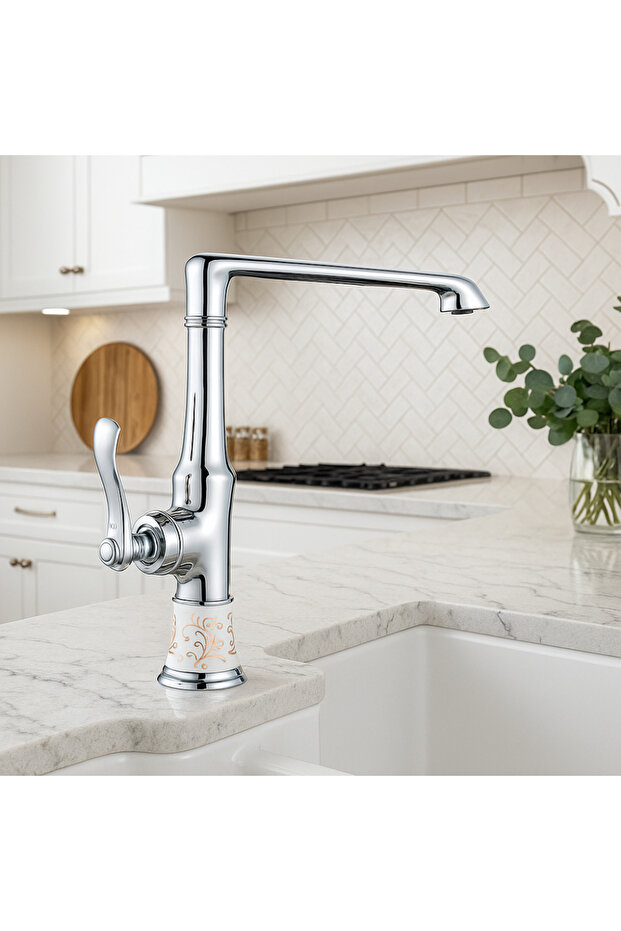 Saray Chrome Ceramic Patterned Kitchen Faucet – 360 ° Rotating Pipe, Water-Saving