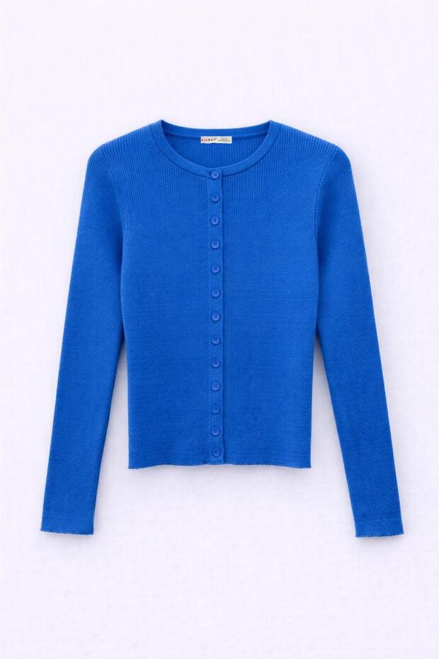 6931 Women's Buttoned Corded Fabric Knitwear Cardigan Dark Blue
