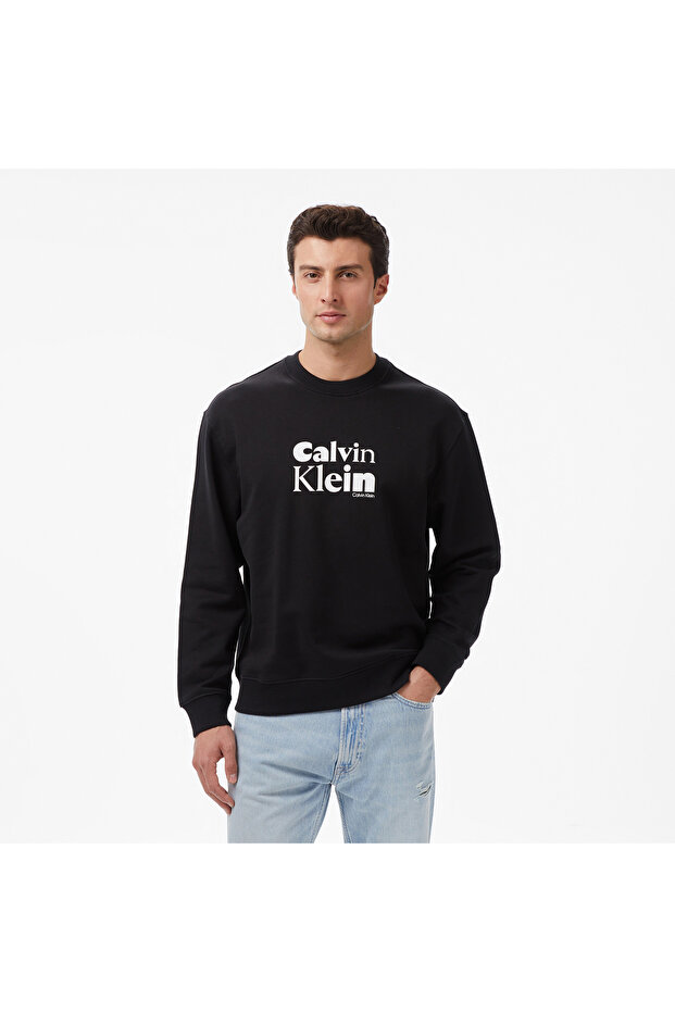 Men's Comfortable Fit Round Neck Ck Logo Pattern Cotton Long Sleeve Black Sweatshirt Lv04Ld242G-Ub1