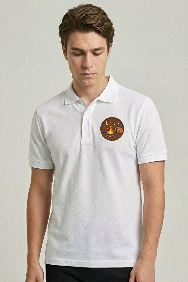 Cotton Campfire and Tent Themed White Polo Neck T-Shirt (Women-Men)