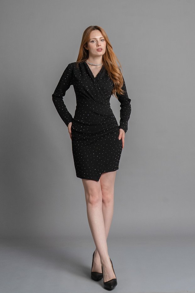 Women's Winter Black Pleated Fold Detailed Shiny Dress Stylish Daily Comfortable 50361