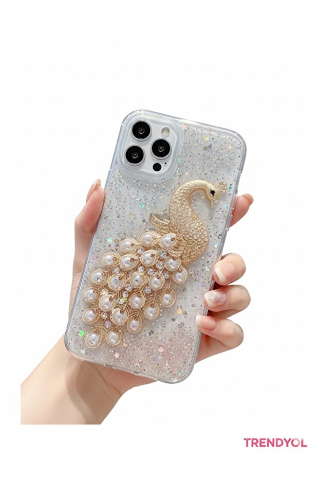 Bonitec rhinestone peacock decor iPhone case in a white glitter finish