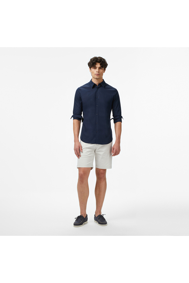 Solid Stretch Slim Erkek Mavi Gömlek - 3