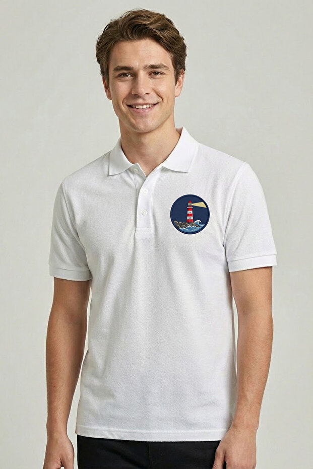 Cotton Lighthouse Themed Printed White Polo Neck T-Shirt (Women - Men)
