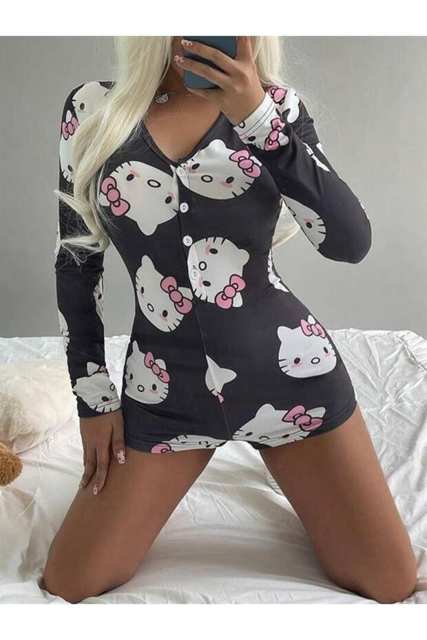 Arias Closet Cotton Black Hello Kitty Patterned Buttoned Long Sleeve Jumpsuit Pajamas