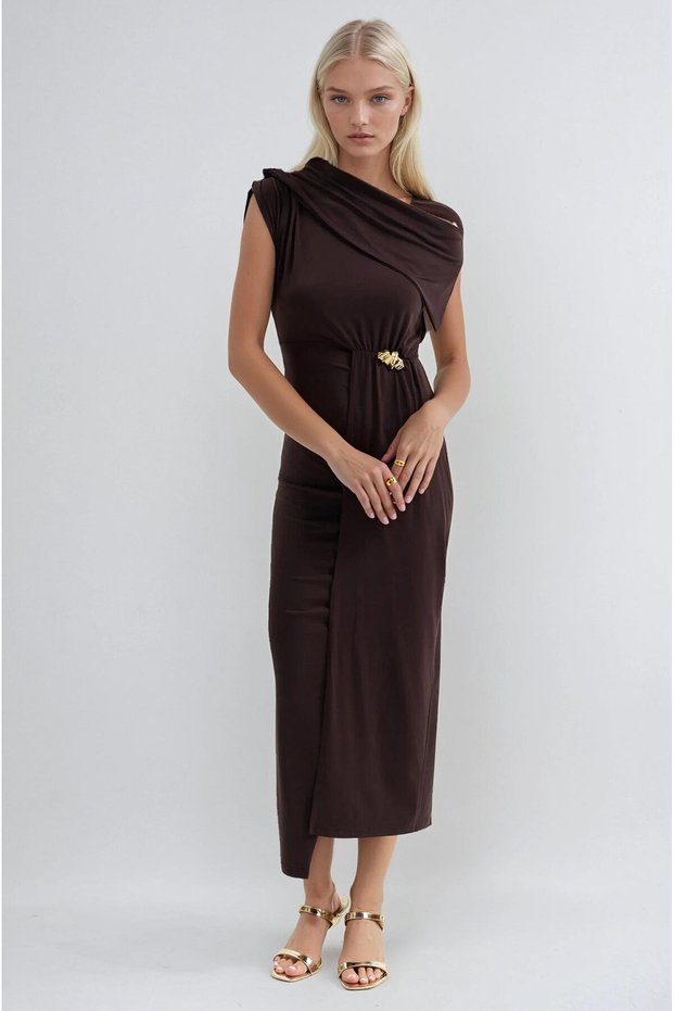 New Season Draped Women's Dress with Waist Accessory Slit 2959