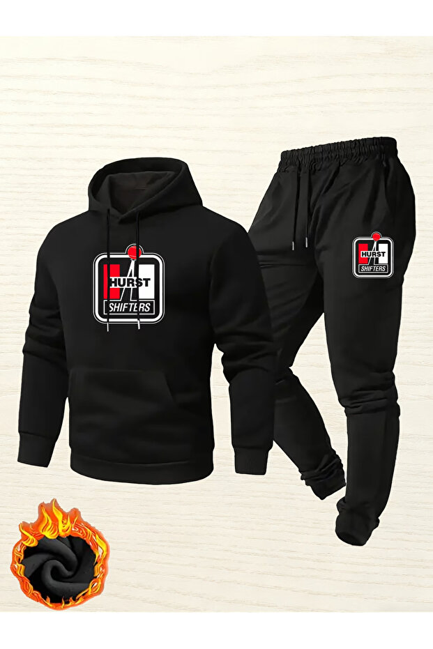 Printed Hooded Men's Tracksuit Set with Two Strings Fleece-Lined
