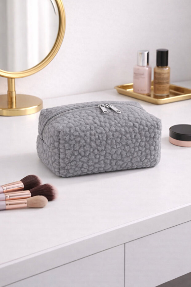 Teddy Fabric Makeup Bag in 1 – Zippered, Cosmetic and Care Organizer Gray