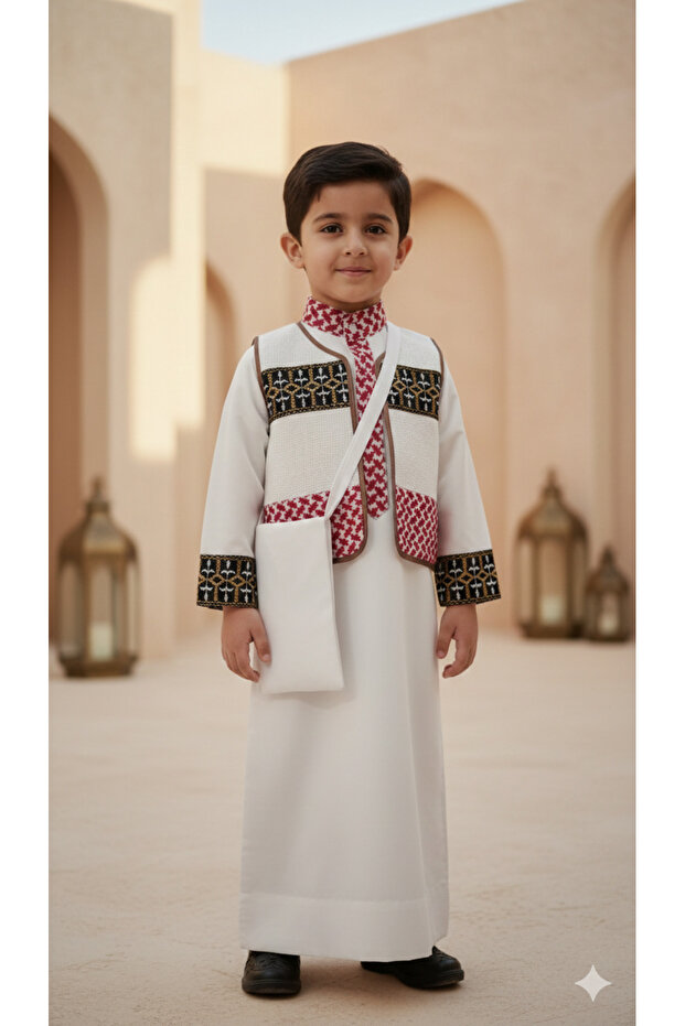 Boys Traditional Ramadan Thobe & Embroidered Vest with pouch