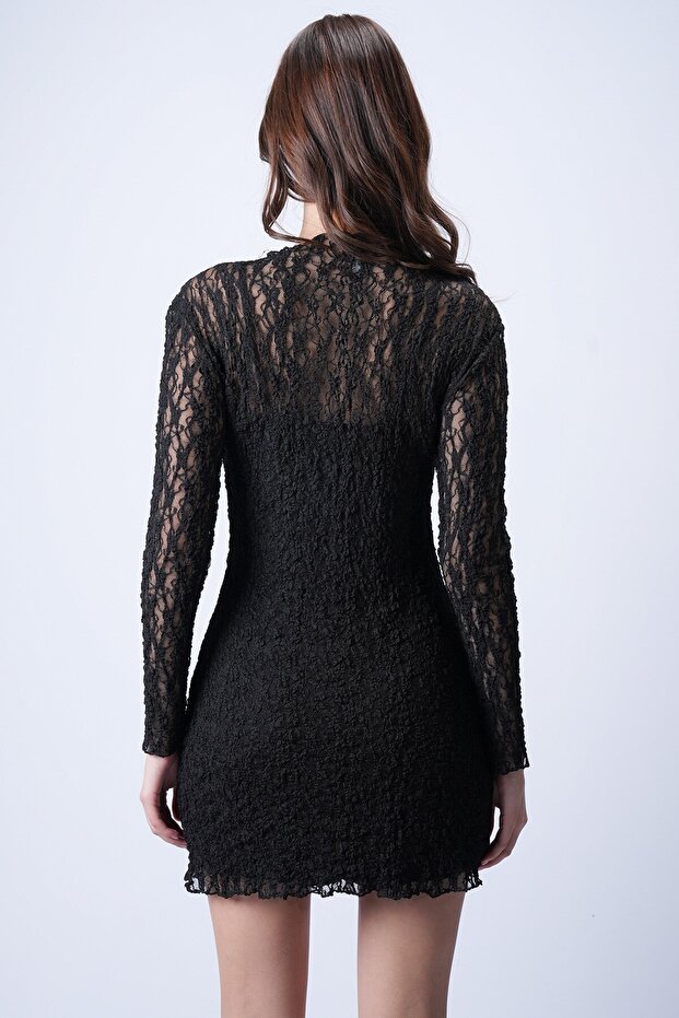 Siyah Dantelli Mini Elbise - 5
