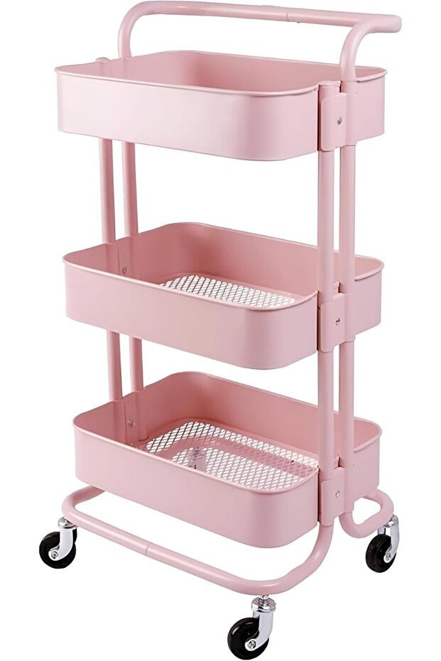 3 Tier Utility Trolley Cart with Wheels Pink Storage