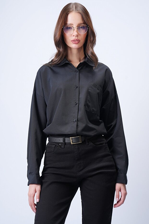 Siyah Tek Cepli Oversize Gömlek - 3