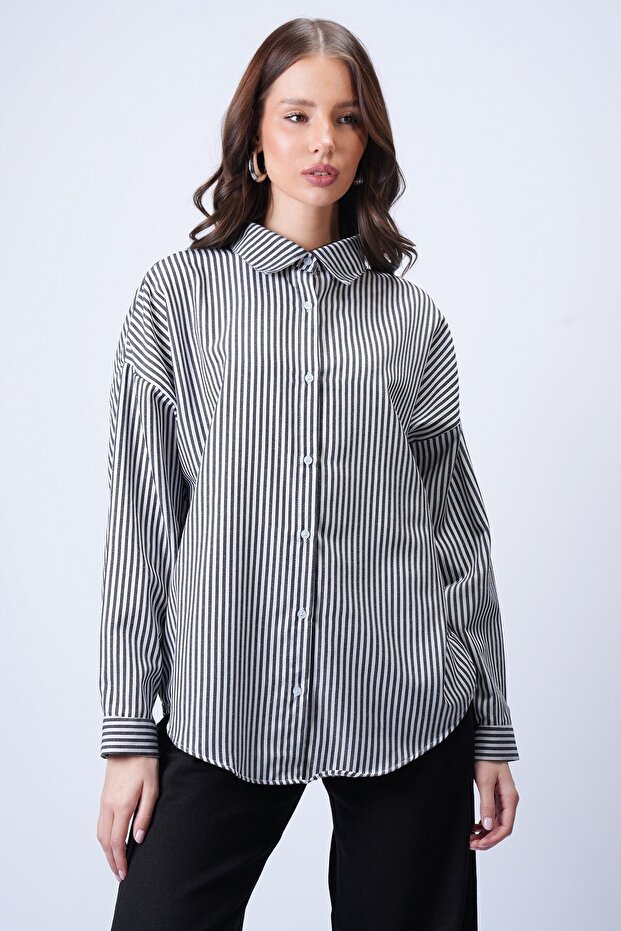 Siyah Çizgili Oversize Gömlek - 3