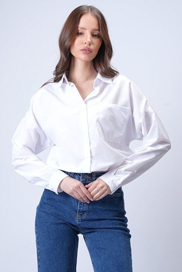 Beyaz Tek Cepli Oversize Gömlek - 4