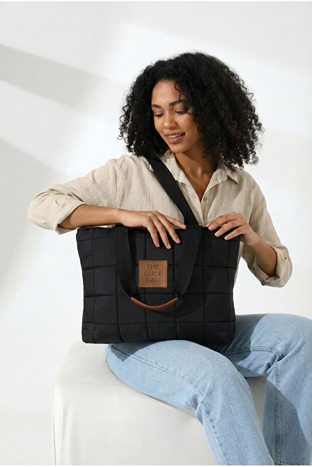 Black Quilted Zippered Puffer Fabric Water Resistant Large Size Women's Shoulder Bag Gc022000