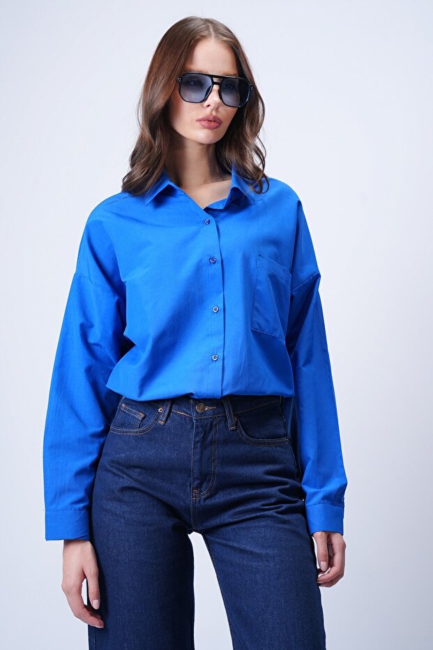 Mavi Tek Cepli Oversize Gömlek - 4