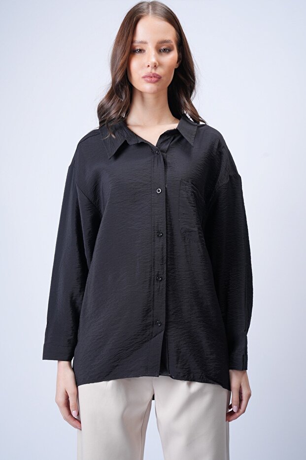 Siyah Tek Cepli Oversize Gömlek - 3