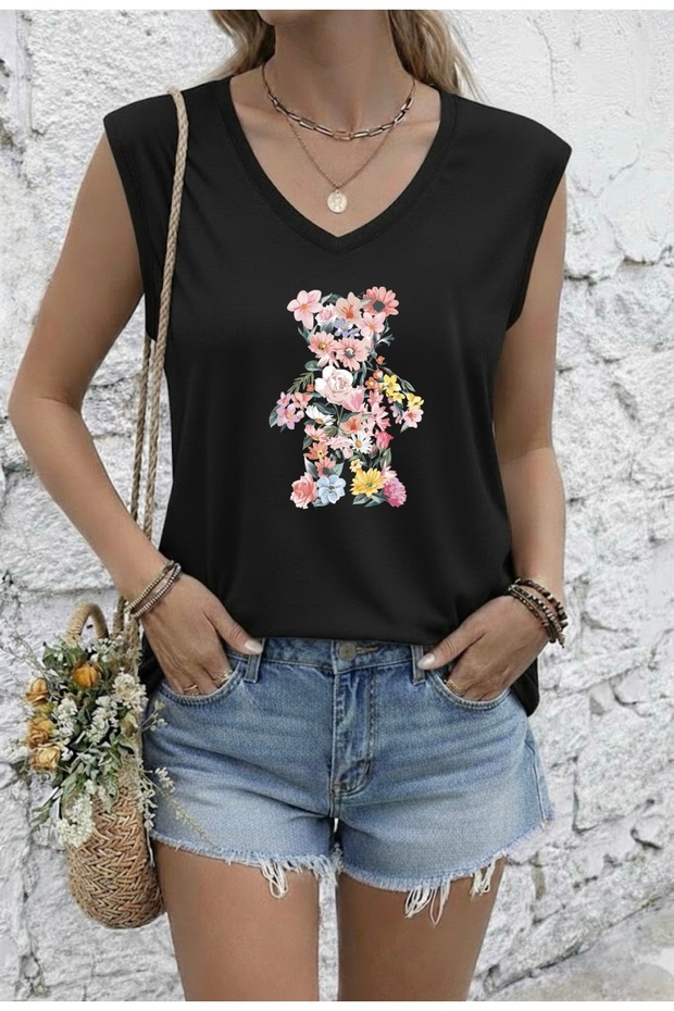 Flower Bear Printed Women's Oversize Sleeveless T-Shirt