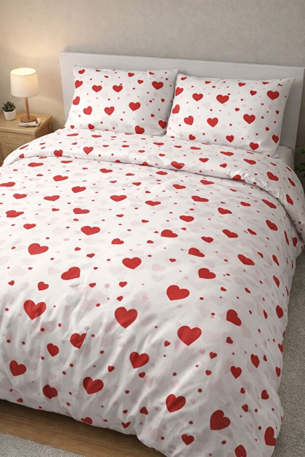 Nevresimhome Double Red Multi Heart Cotton Duvet Cover Set