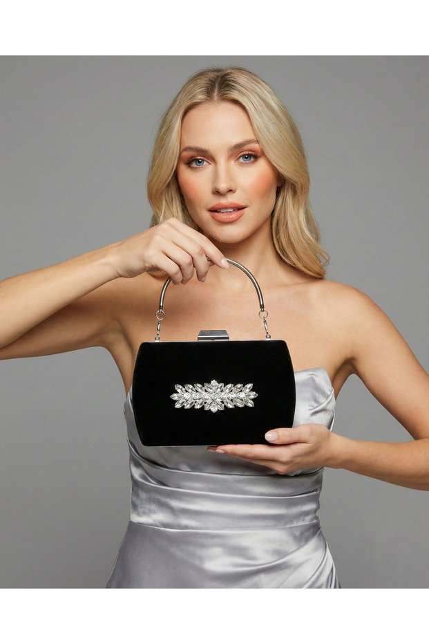 Black Luxury Suede Crystal Stone Metal Handle Chain Women's Evening Dress Bag Wedding Engagement Graduation