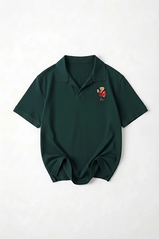 Men's Nefti Comfortable Fit Polo Collar Gentleman Teddy Bear Embroidered Short Sleeve T-Shirt